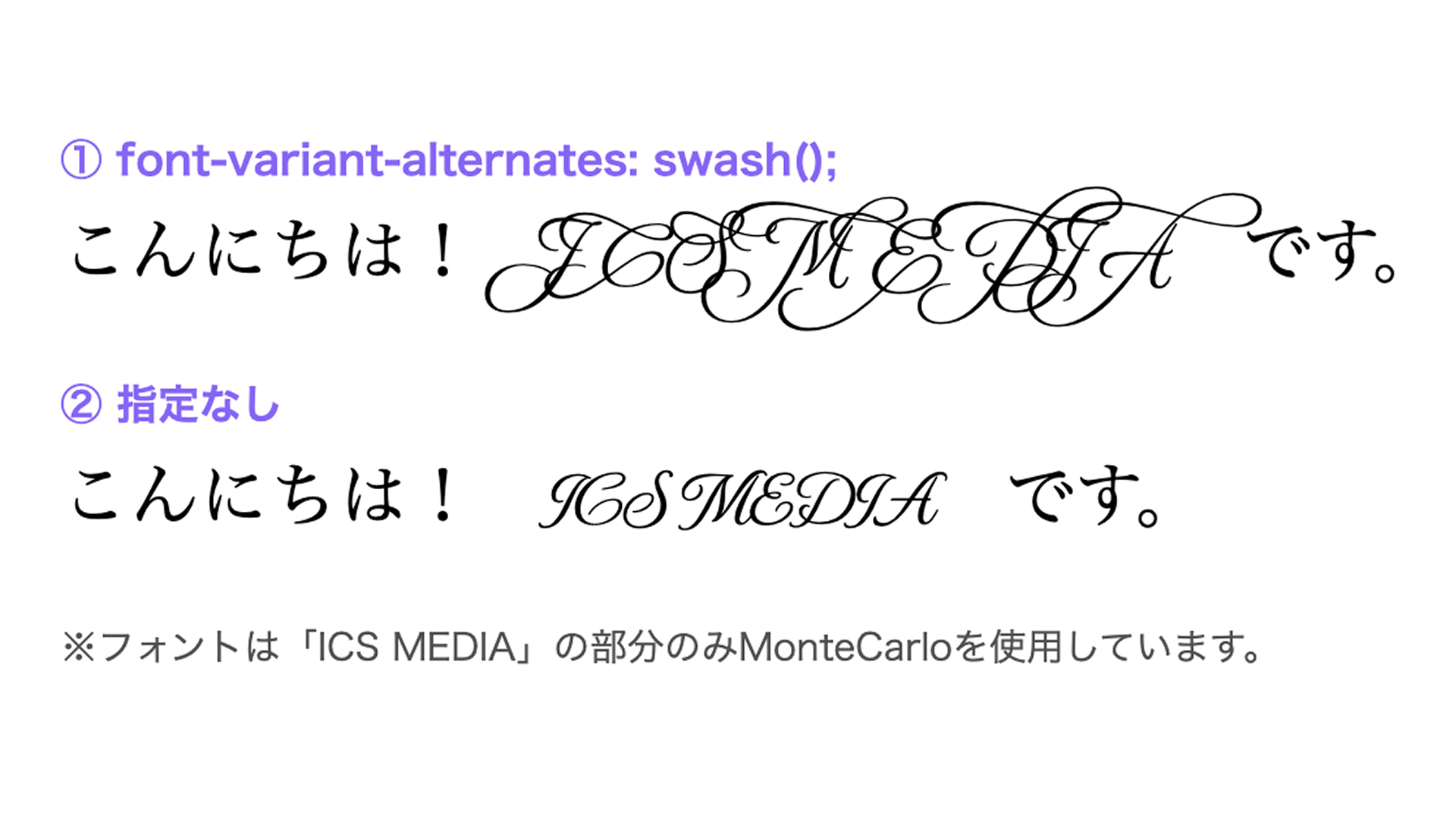 font-variant-alternatesプロパティの値にswashを指定した場合と指定なしの場合の表示を比較した画像。テキストは「こんにちは！　ICS MEDIA　です。」。swashを指定したほうは「ICS MEDIA」の文字が筆記体のように装飾されている。